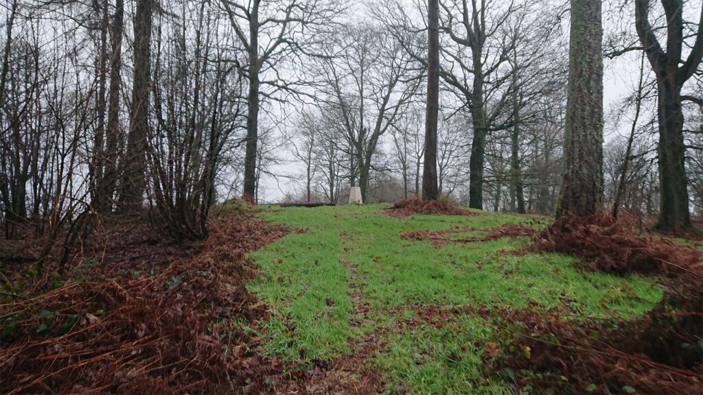 The Aconbury Camp trig point in a clearing in the woods