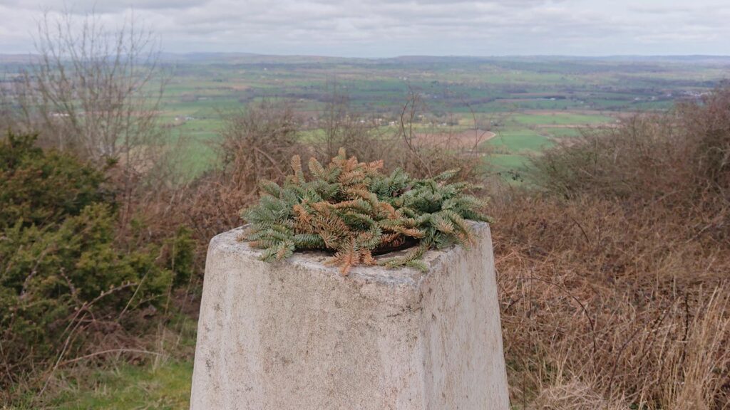 Merbach Hill Trig Point with wreath on top